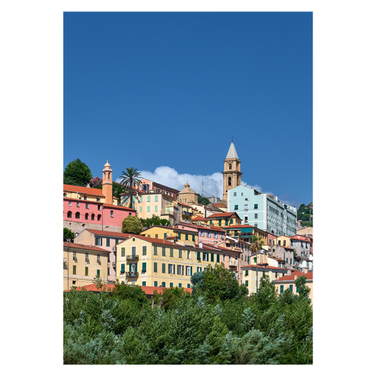 Italien plakat med view op til Ventimiglia Alta