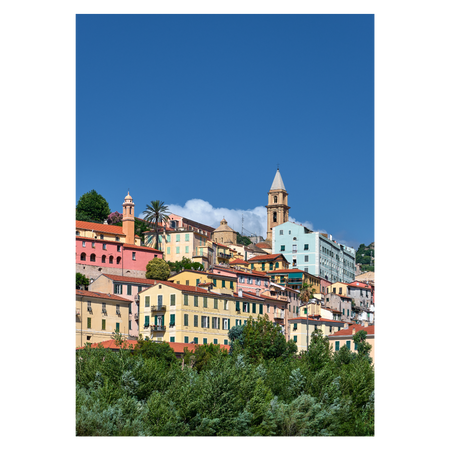 Italien plakat med view op til Ventimiglia Alta