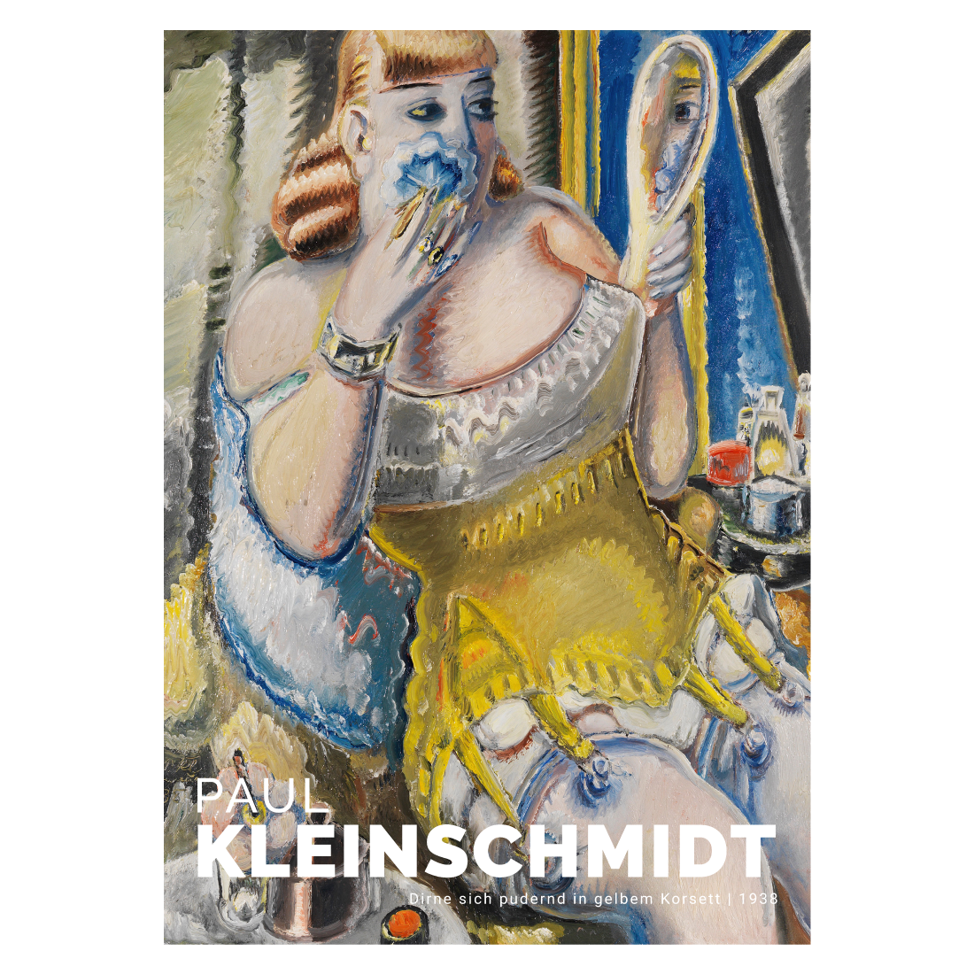 Kunstplakat med Paul Kleinschmidt "Dirne, sich pudernd, in gelbem Korsett"