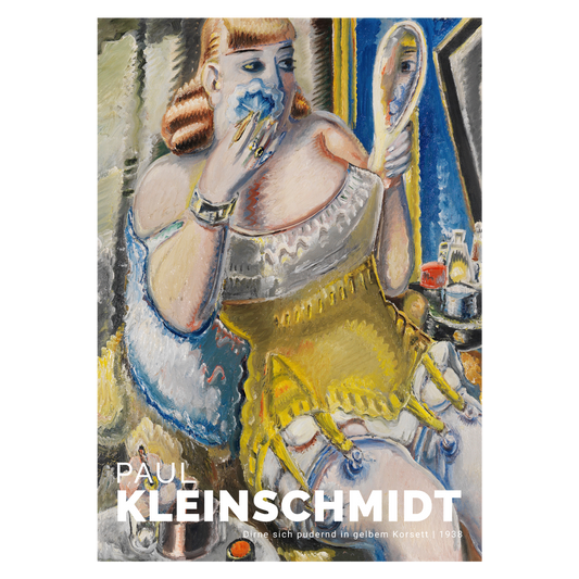 Kunstplakat med Paul Kleinschmidt "Dirne, sich pudernd, in gelbem Korsett"