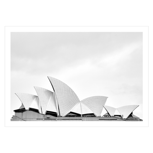 sydney plakat i sort-hvid med operaens sejlformede tag