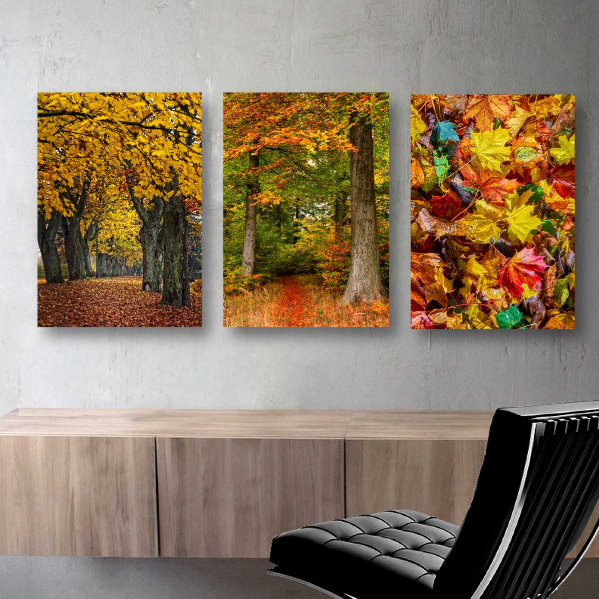 billedvæg med gule naturplakater i efterårsfarver