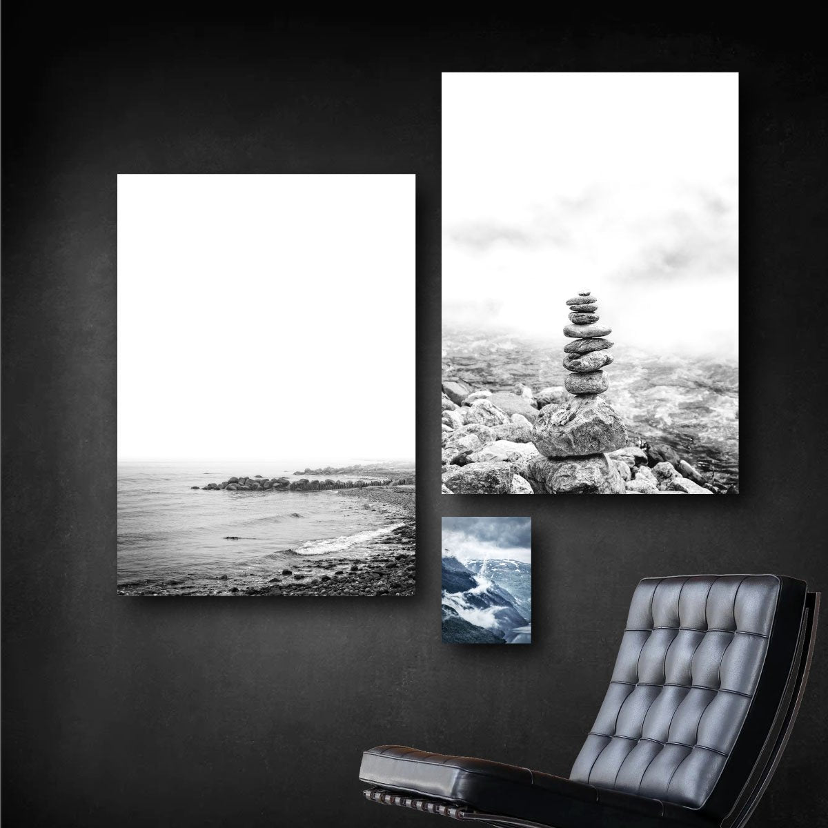 naturplakater med tåge og dis i sort-hvid og blå nuancer