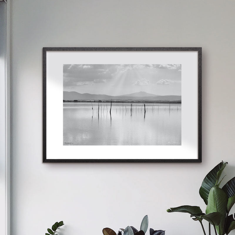 Black and white photo art poster with lake trasimeno