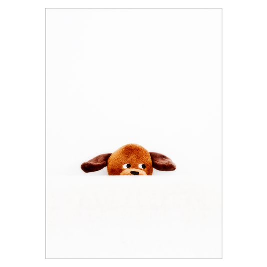 børne plakat med en sød teddy bjørn der lurer under en dyne