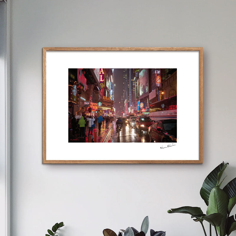 New York Poster with neonlight in rain on 42nd street