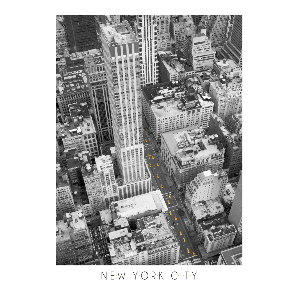 new york plakat - kig ned til gade fyldt med gule taxaer
