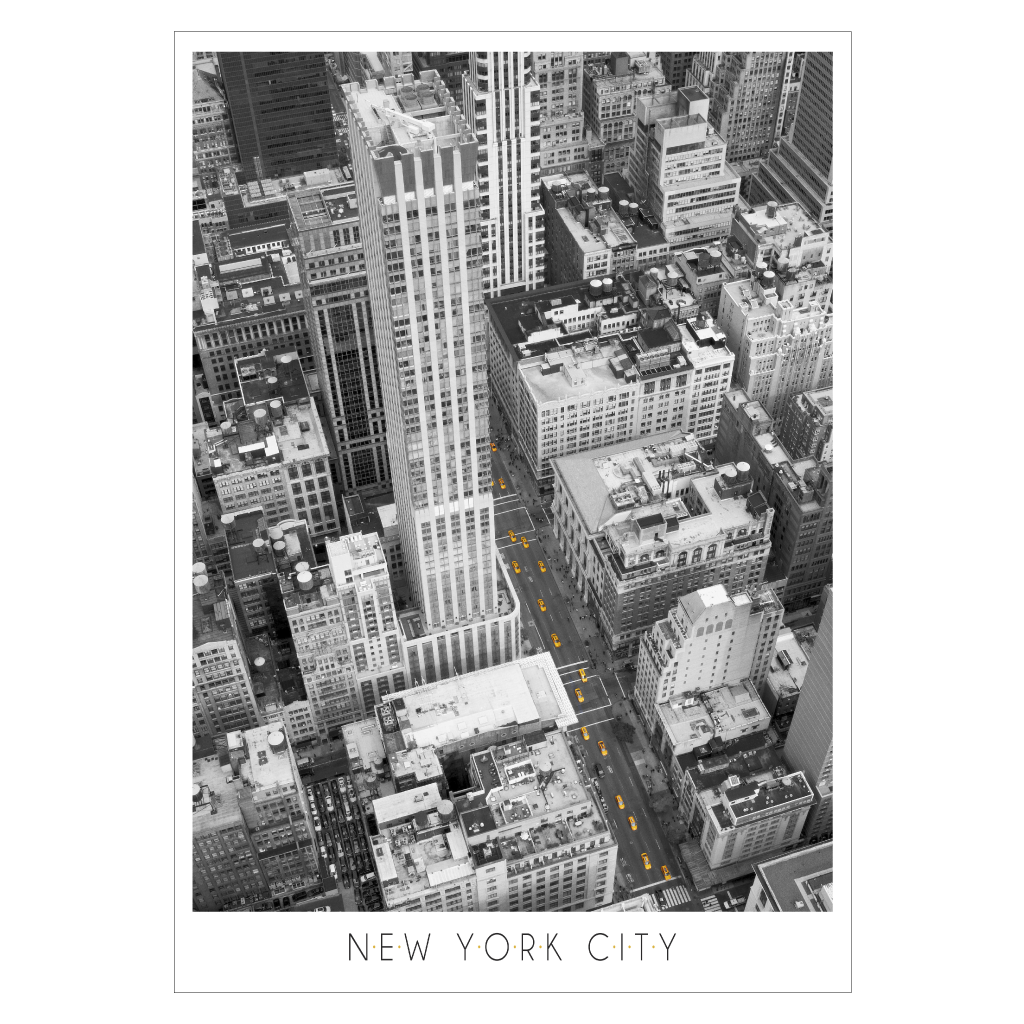 new york plakat - kig ned til gade fyldt med gule taxaer 
