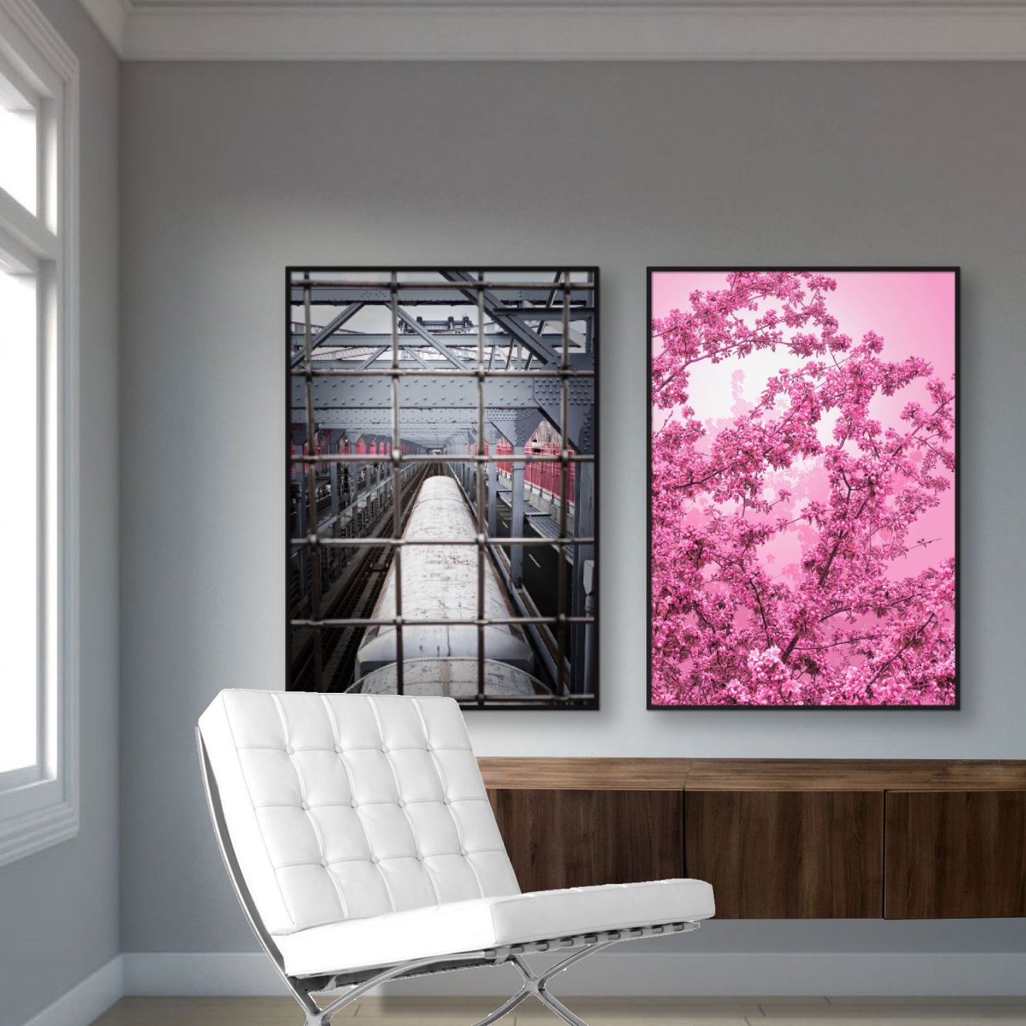 pink blomsterplakat ved siden af grå new york plakat