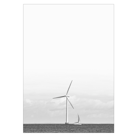 sort-hvid plakat med vindmølle og sejlbåd på havet