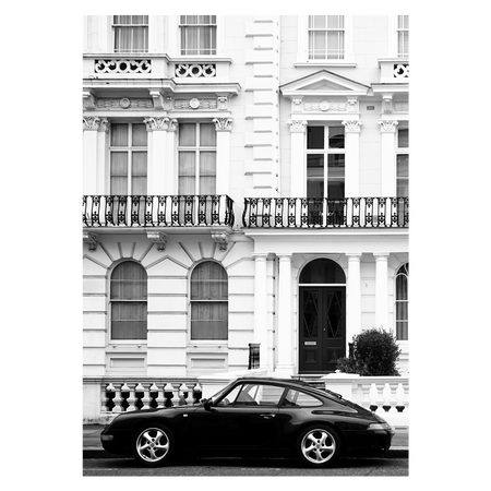 sort-hvid fotokunst plakat med Porsche og rig arkitektur
