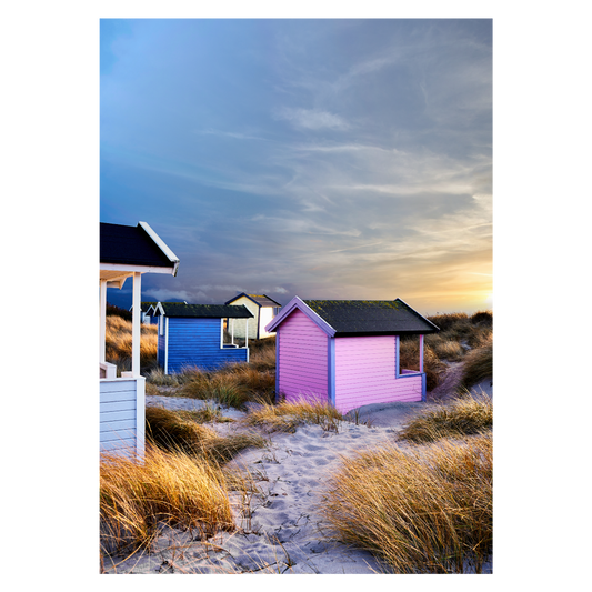 Farverig Sverige plakat med omklædningshusene på Falsterbo Strand