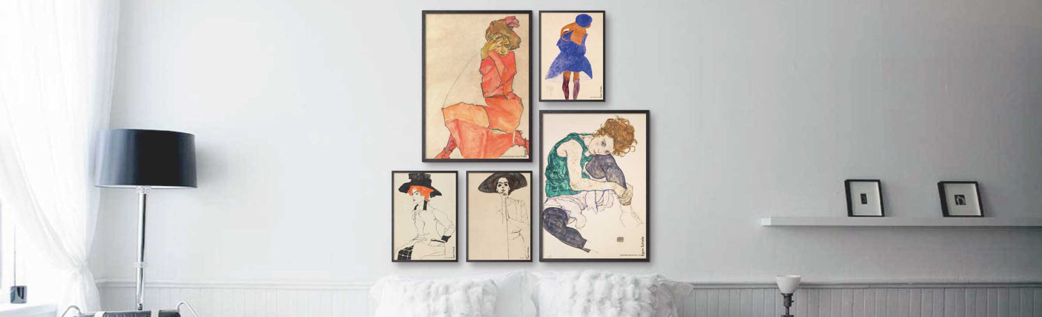 Billedvæg i soveværelse med Egon Schiele plakater