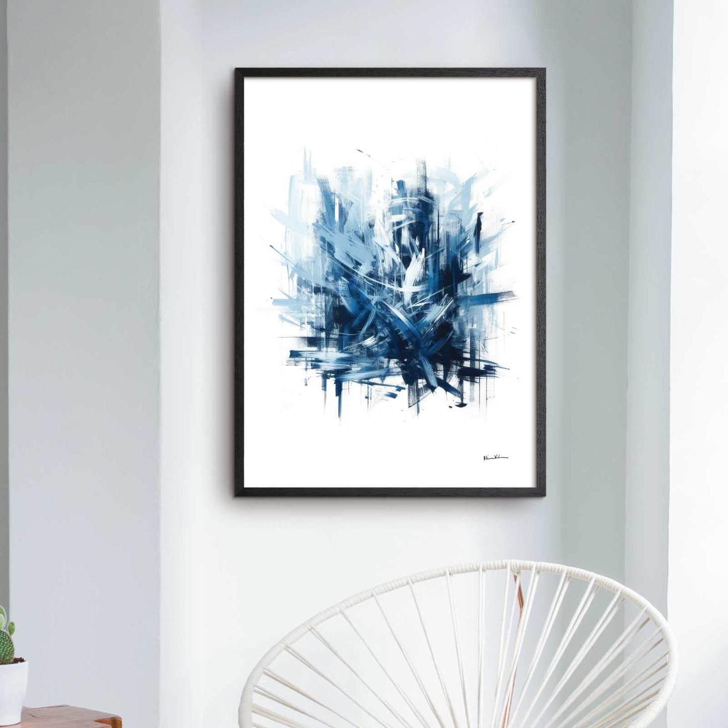 Art poster with abstract painting in shades of blue titled "Brain"