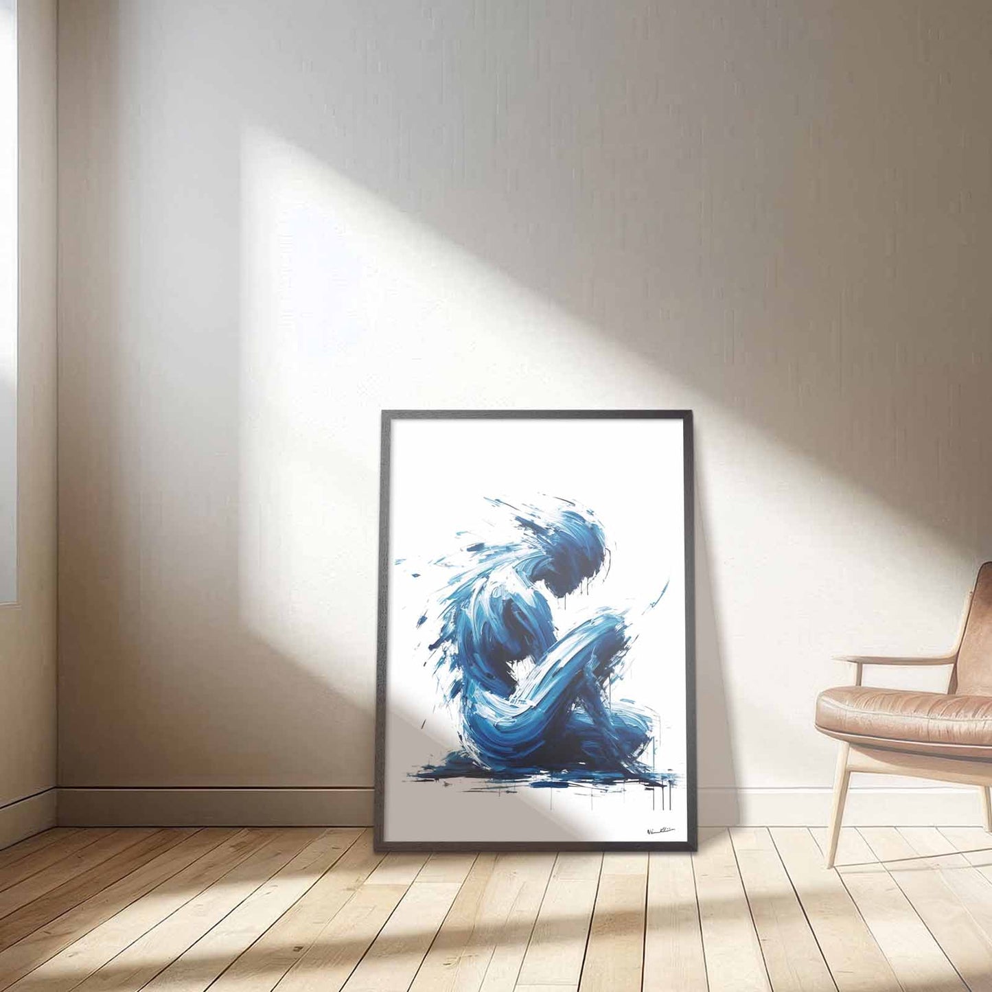 Art poster with a seated female body painted with expressive blue brush strokes