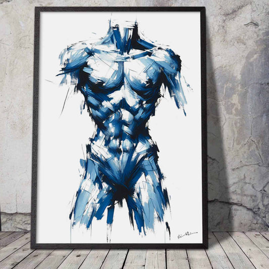 Art poster with a torso painted in expressive blue brush strokes