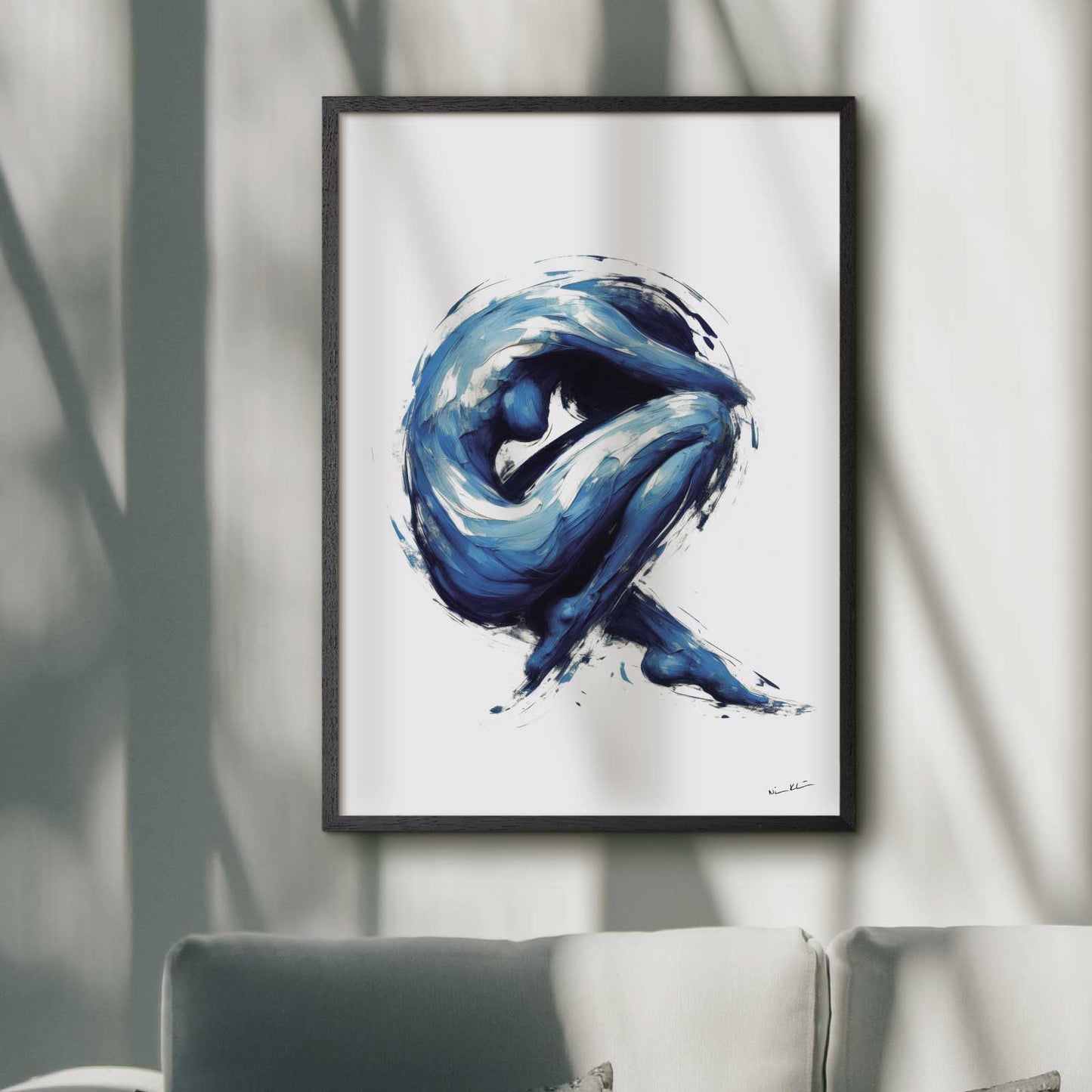 Art poster with a crouched female body painted in blue colors