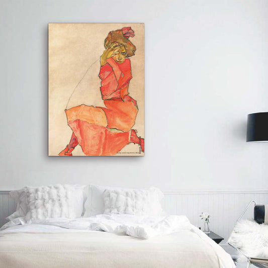 Art on canvas feat. Egon Schiele "Kneeling female in orange red dress"