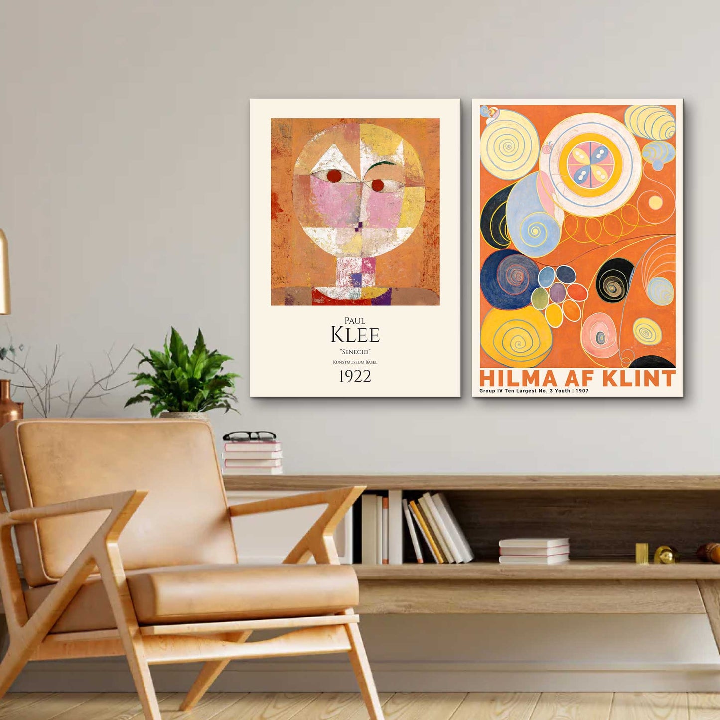 Orange billeder på lærred af Klint og Paul Klee