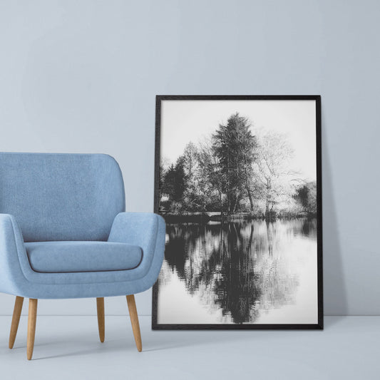 Black and white nature poster with a lakeshore mirroring