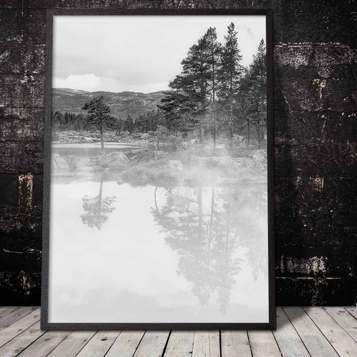 Black and white Norway nature poster with misty morning lake