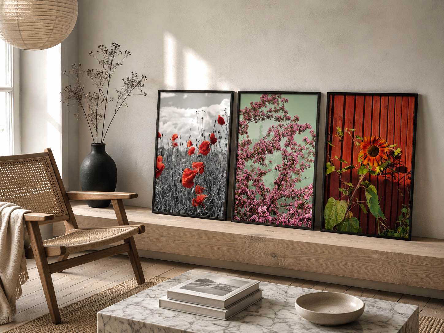 Plakater med blomstertema står i klassisk nordisk indretning