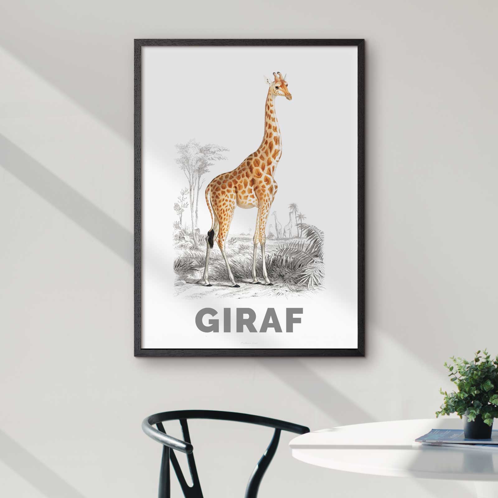 Dyreplakat med en tegnet giraf i naturen