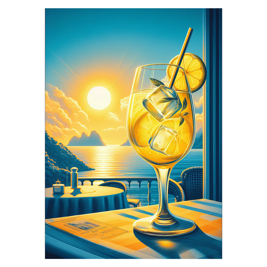 Grafisk plakat med et glas limoncello foran en solnedgang