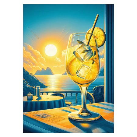 Grafisk plakat med et glas limoncello foran en solnedgang