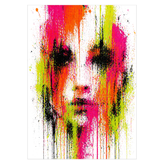 Grafisk kunstplakat med ansigt malet i neonfarver