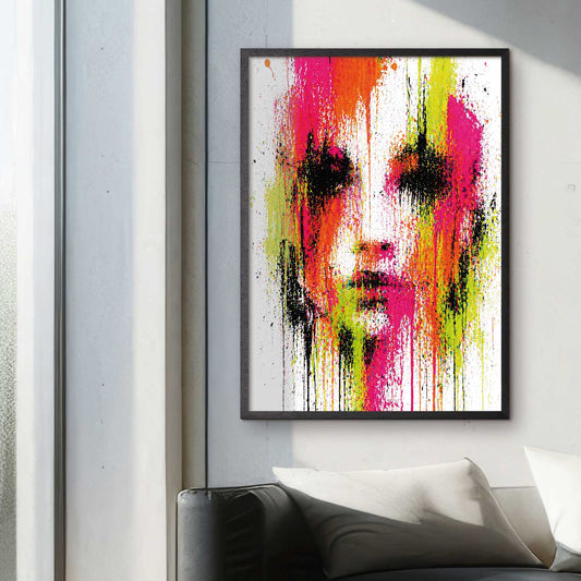 Graphical art poster with a face painted in neon colors