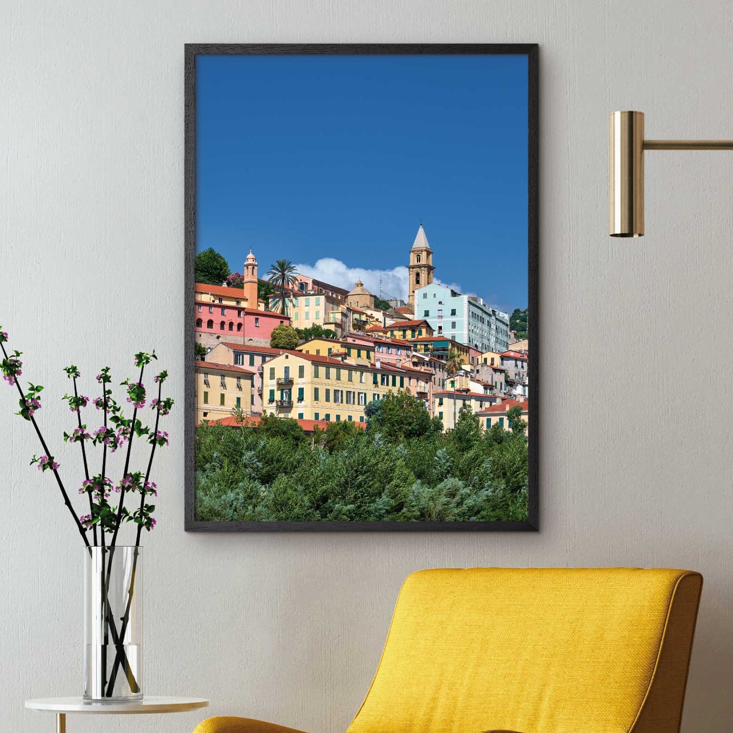 Italien byplakat med view op til Ventimiglia Alta