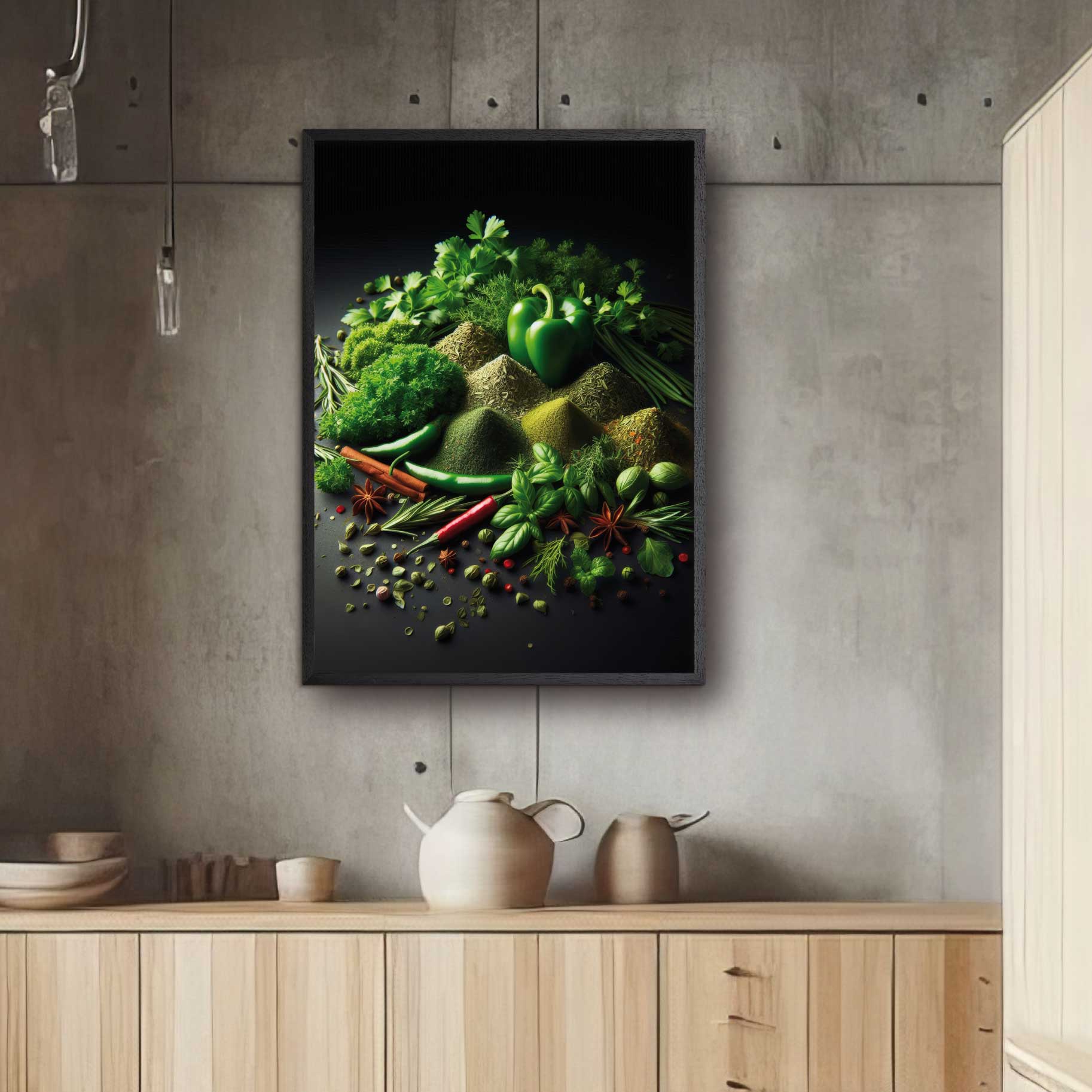 Kitchen poster with green piles of various spices