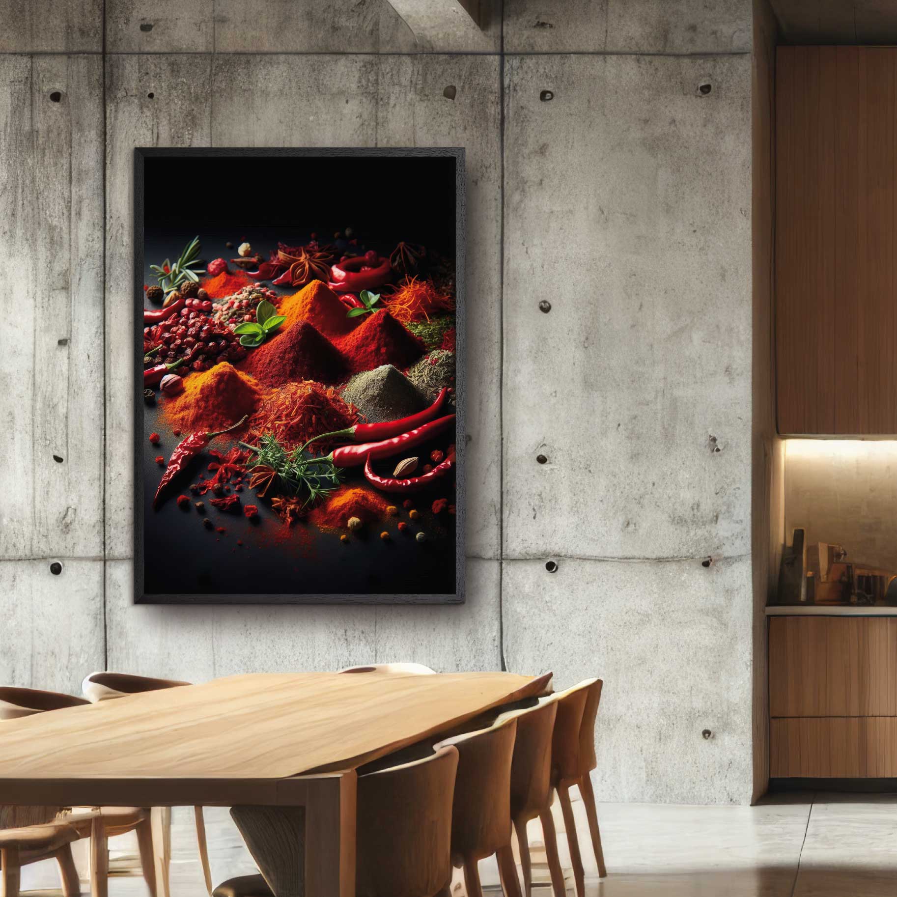 Kitchen poster with piles of different red hot spices