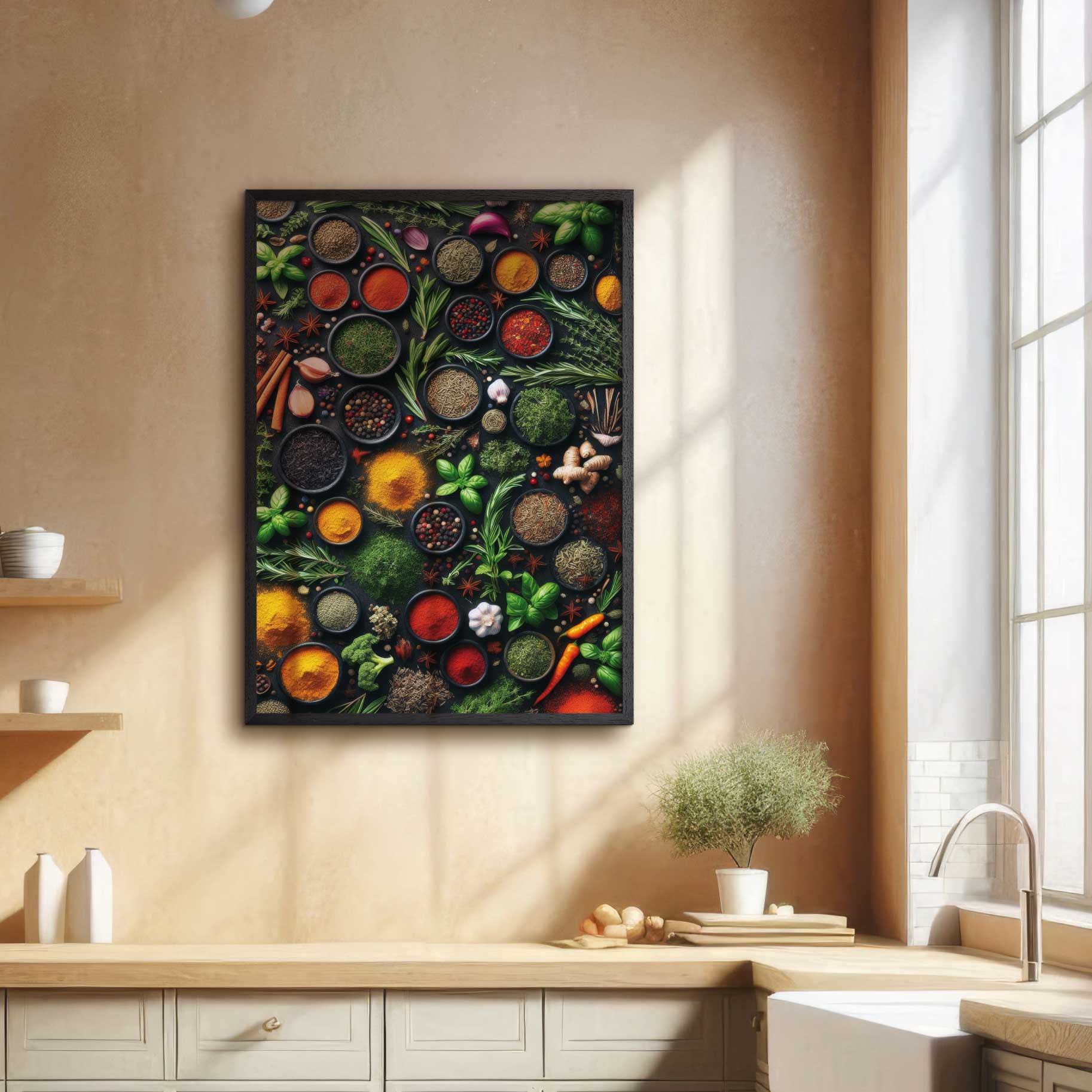 Kitchen poster with mixed spices layed out in an abstract pattern