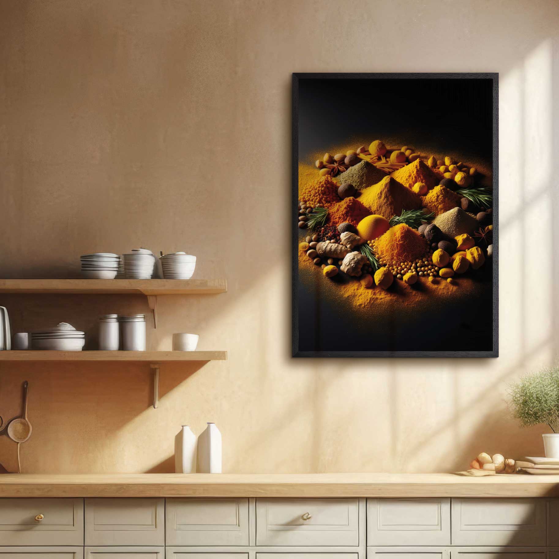 Kitchen poster with various piles of yellow spices