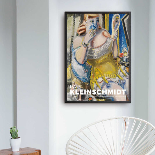 Art poster featuring Paul Kleinschmidt "Dirne, sich pudernd, in gelbem Korsett"