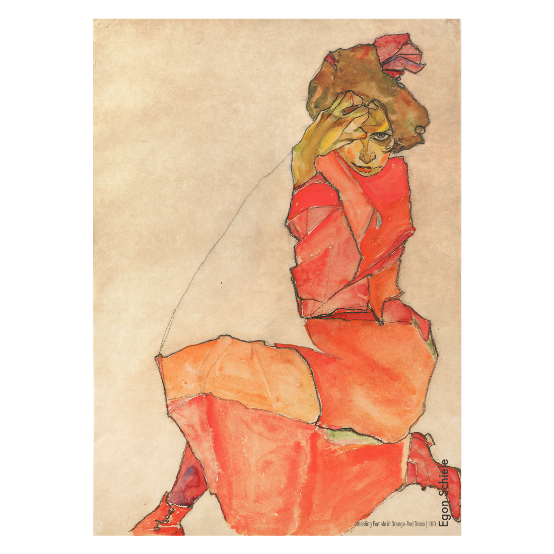 Lærredsbillede med Egon Schieles "Kneeling female in orange red dress"