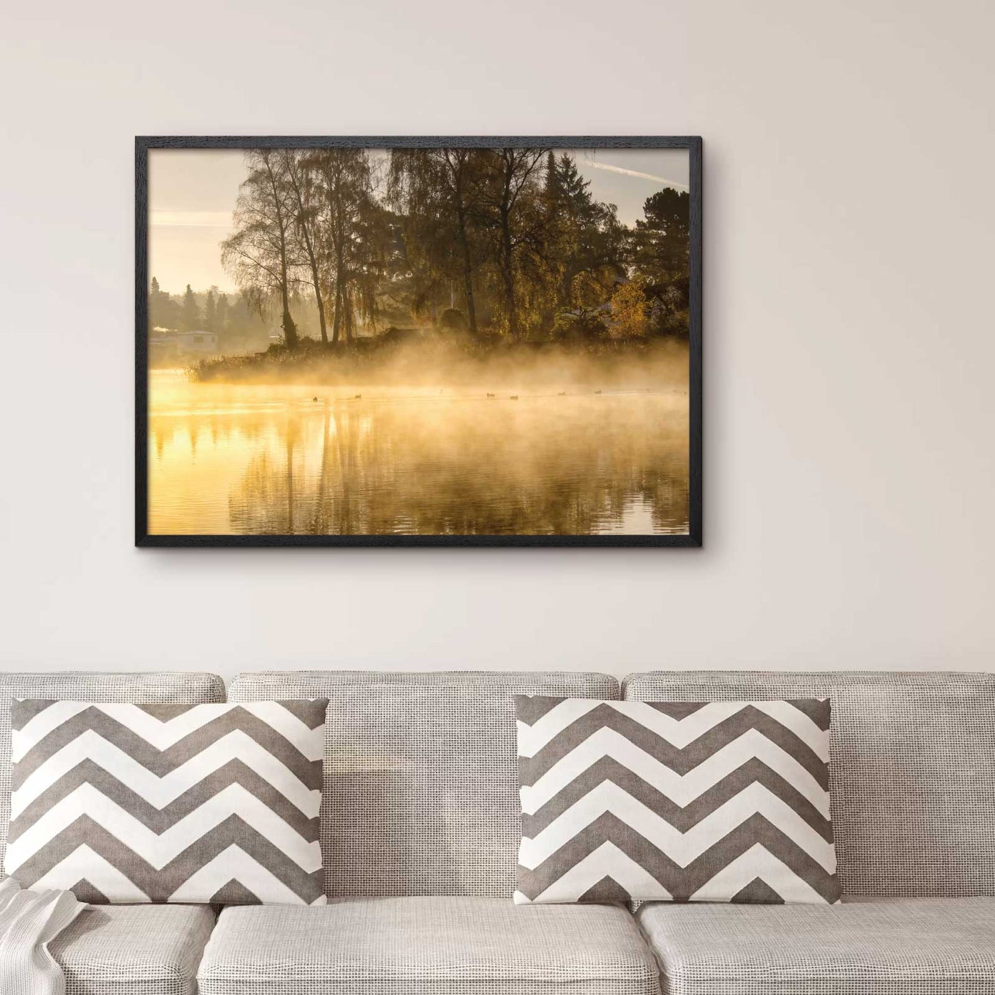Nature poster with a yellow misty morning by a lake