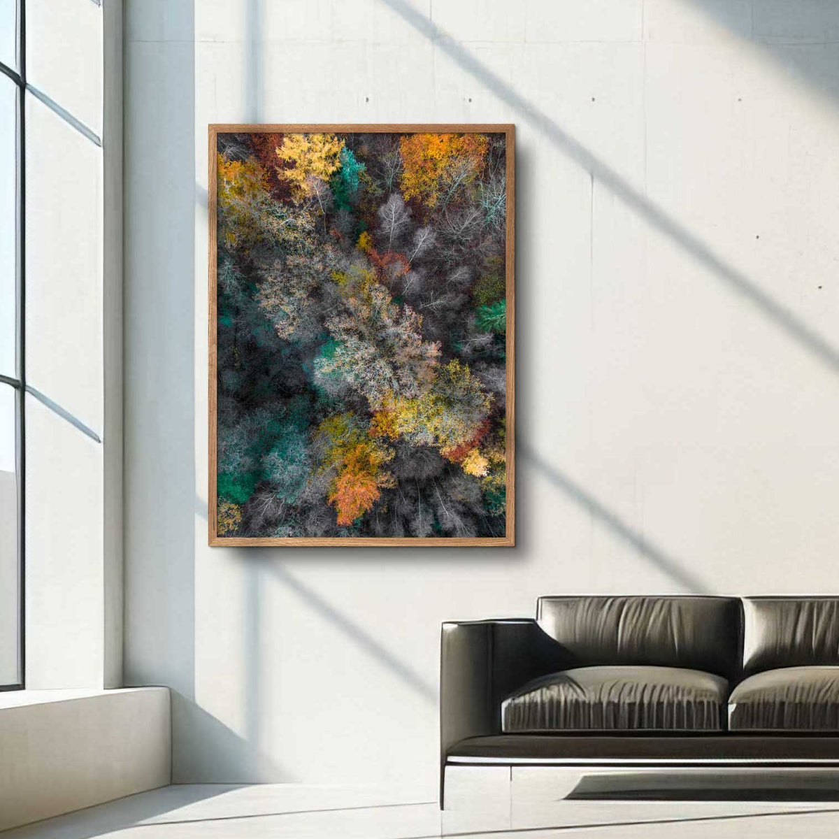 Naturplakat med efteårsfarvet skov set fra oven
