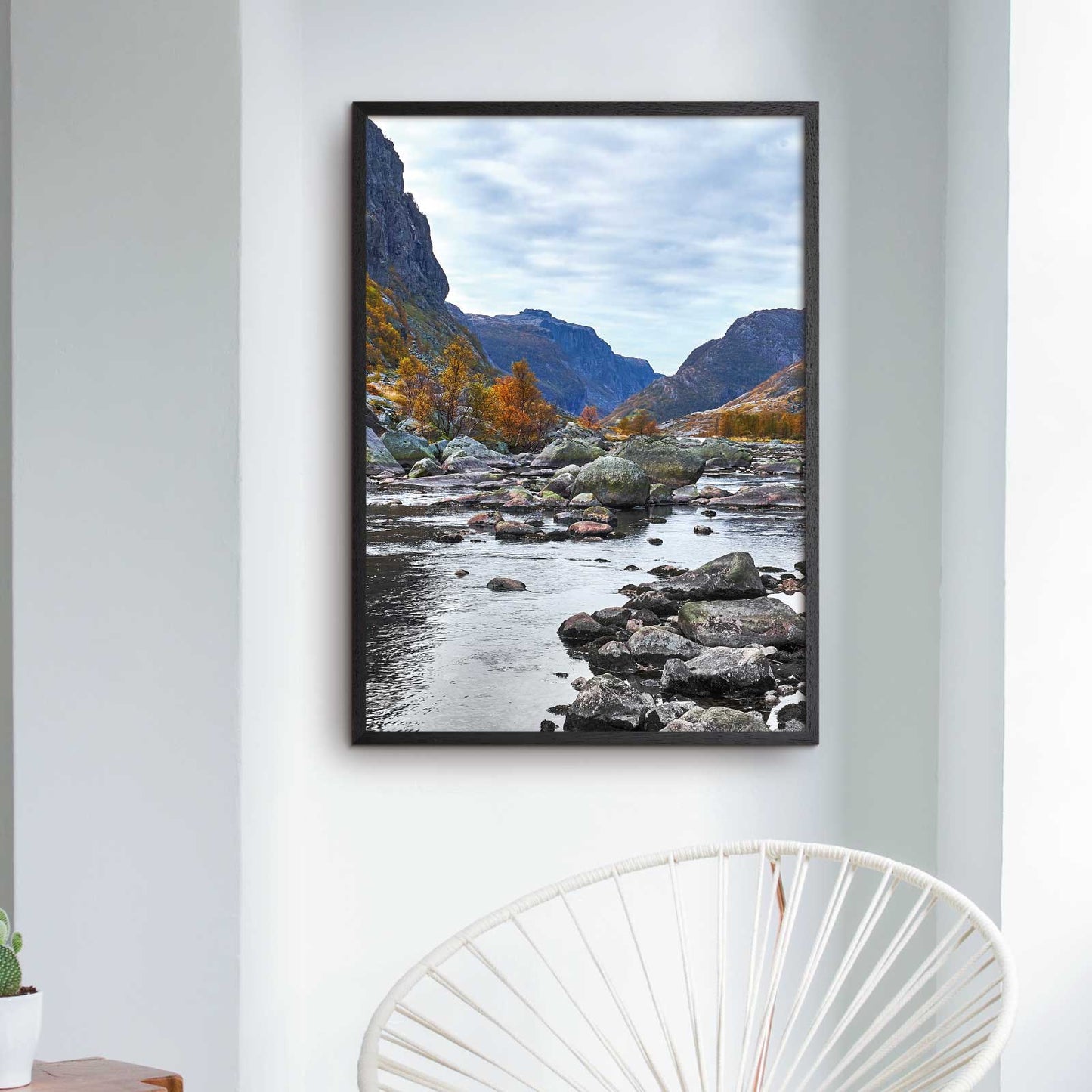 Norway autumn poster with a river running between mountains