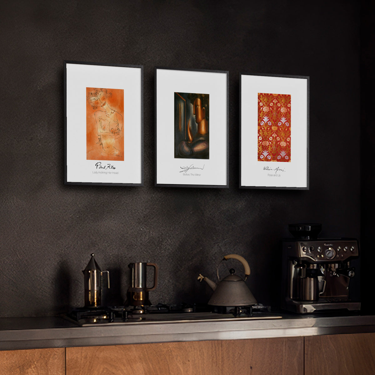 Kunstplakater af Klee, Schlemmer og Morris med bred hvid kant