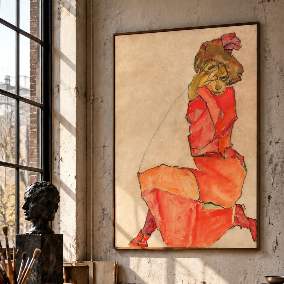 Egon Schiele "Kneeling Female in Orange Red Dress"