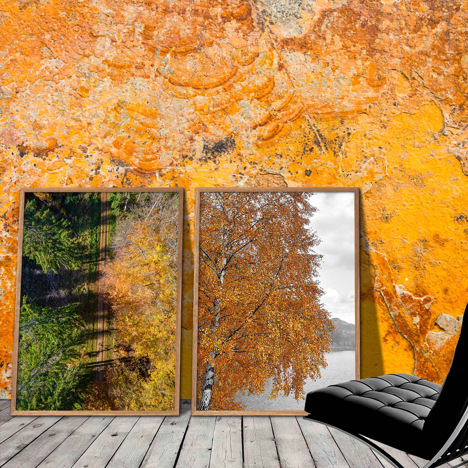 To billeder med orange efterårsblade der står op af en gul væg