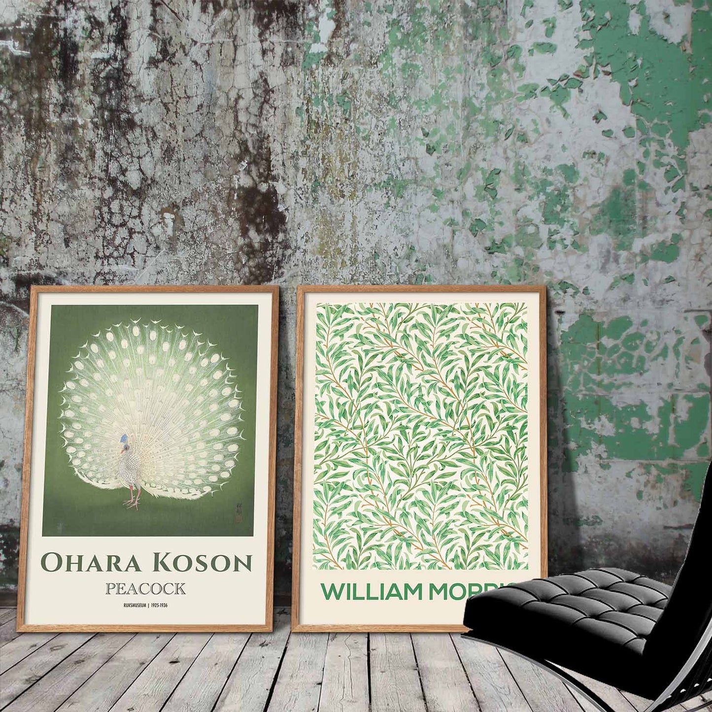 To grønne billeder med Ohara Koson og William Morris