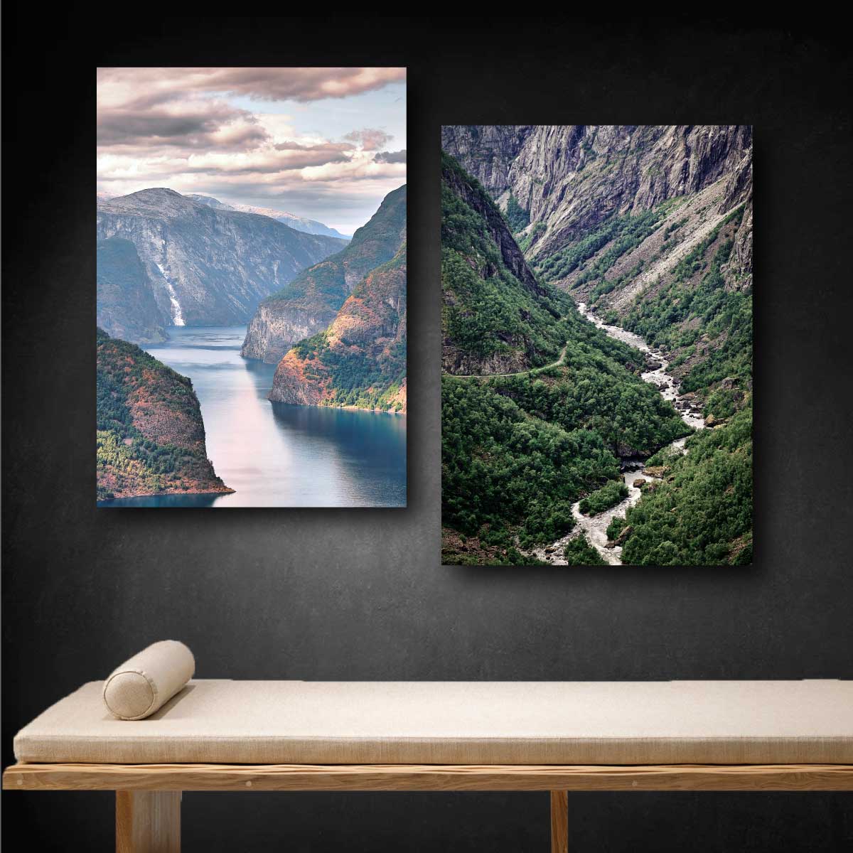 to naturplakater med norske motiver aurland og flod ved vøringfoss