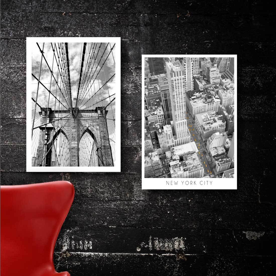 2 new york plakater med luftfoto og brooklyn bridge