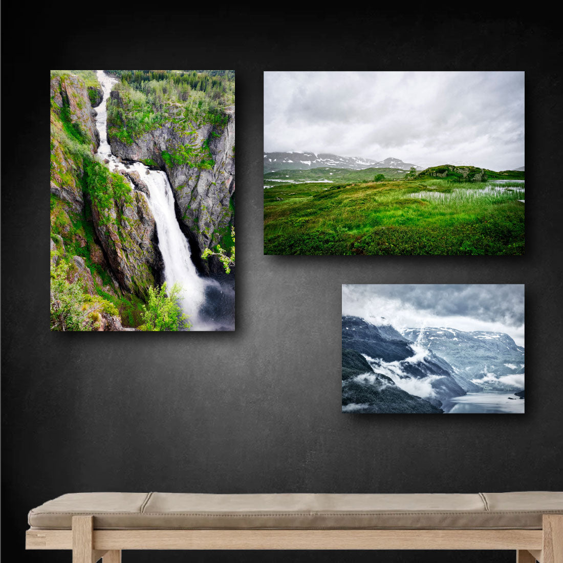 3 norge plakater med natur billeder vøringsfoss og telemark