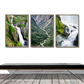 tre plakater med norske natur billeder af vandfald og en flod