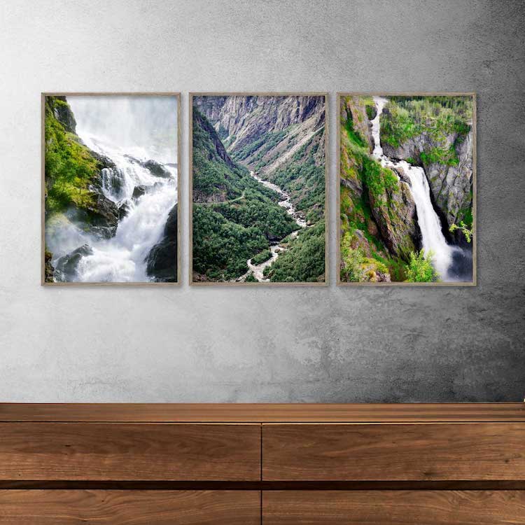 tre norske plakater med billeder af vand og vandfald